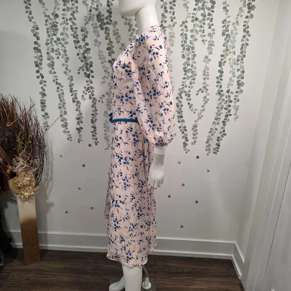 Harper Rose Womens Floral Midi Dress Size 12 Pink Blue Belt Puff Sleeve NWOT - Picture 6 of 12
